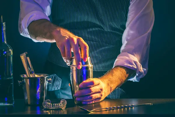 Cantinero Haciendo Cóctel Usando Coctelera Barman Agitando Ingredientes Cóctel Coctelera — Foto de Stock