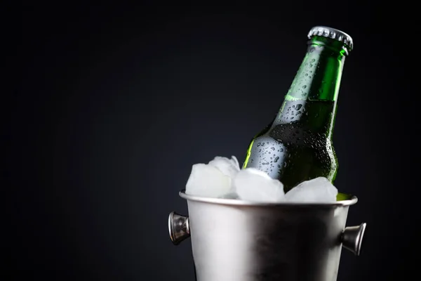 Bottle of beer in an ice bucket filled with ice cubes placed on a bar counter with copy space