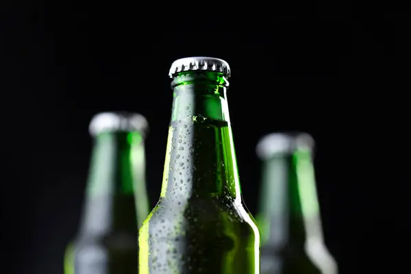 Three Bottles Cold Beer Row Bar Counter — Stock Photo, Image