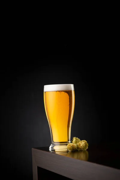 Půllitr Studeného Světlého Piva Pár Chmelů Umístěných Barovém Pultu Kopírovacím — Stock fotografie