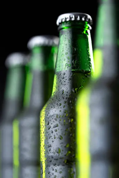 Four Bottles Cold Beer Row Bar Counter Copy Space Royalty Free Stock Images