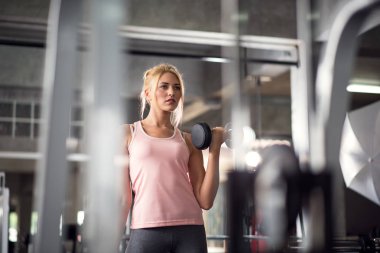 Güçlü kadın dambıllarla çalışıyor, spor salonunda egzersiz yapıyor.