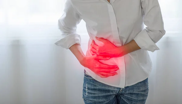 Unhealthy Asian Woman Hands Touching Her Belly Looking Stomach Pain — Stock Photo, Image