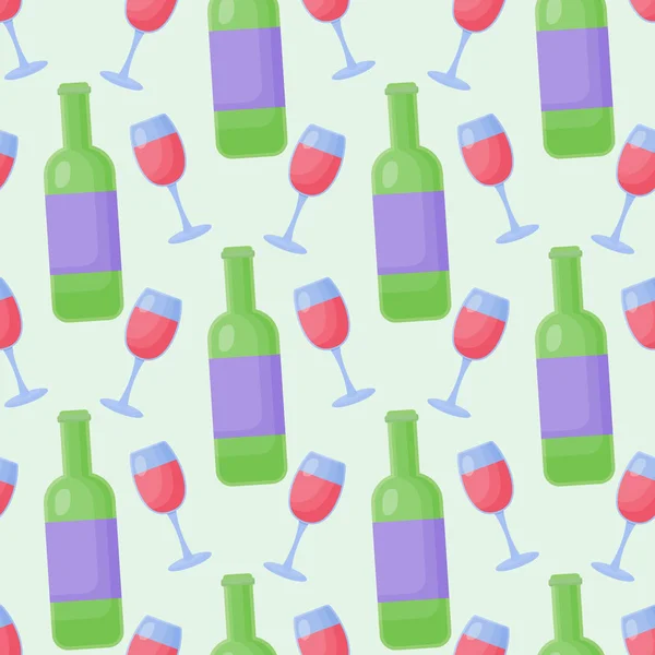 Red Wine Vector Flat Seamless Pattern Bottles Glasses Light Green — Stock Vector