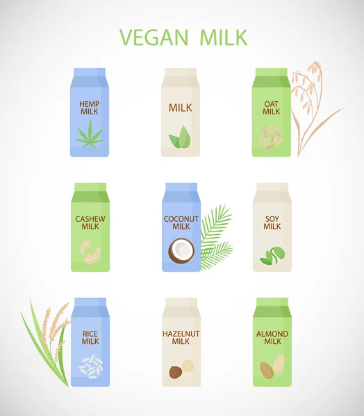 纯素食牛奶矢量平面图标集 素食或植物为基础的牛奶 平面设计的 Fnon 日记产品隔离在白色背景 矢量插图 — 图库矢量图片