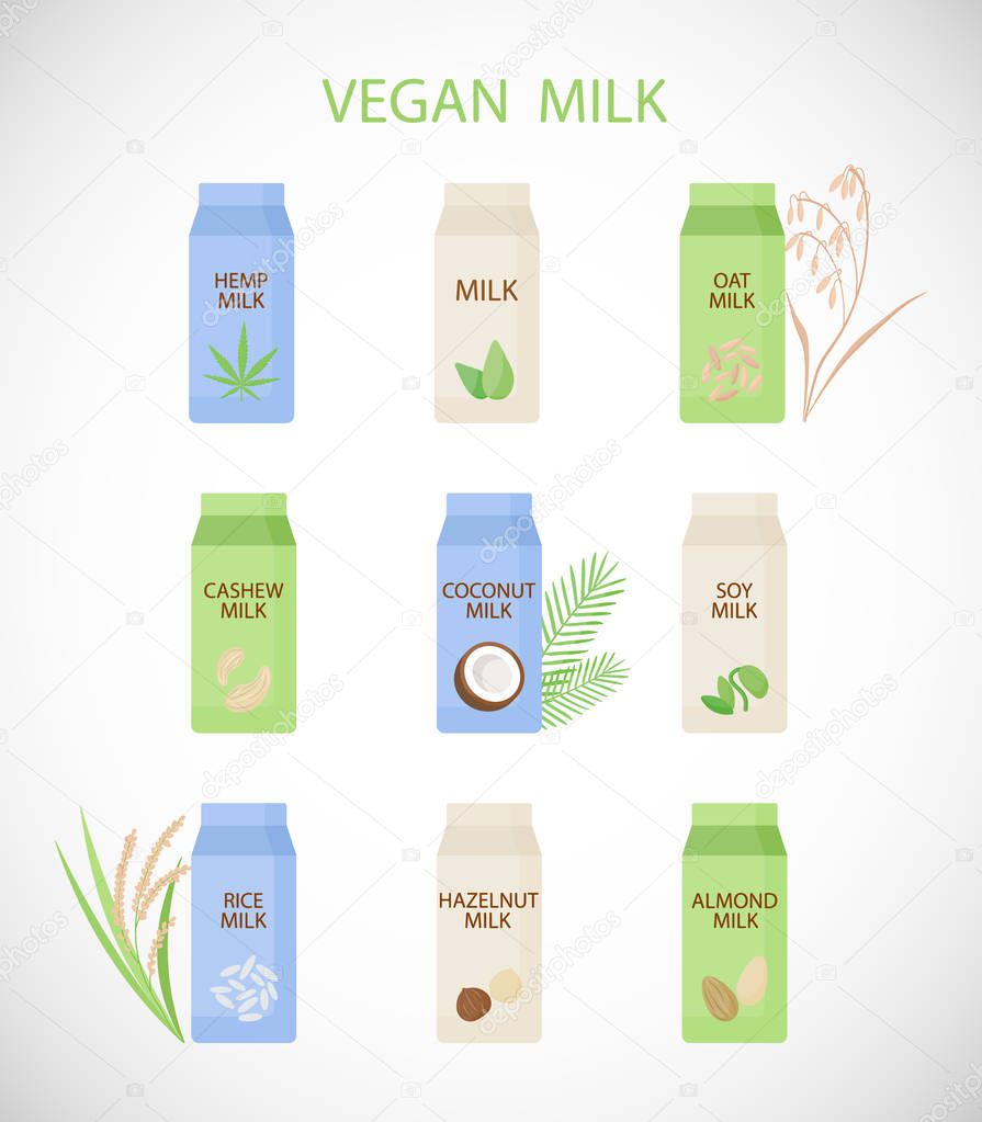 Vegan milk vector flat icon set, vegetarian or plant based milk, flat design of fnon-diary products isolated on the white background, vector illustration