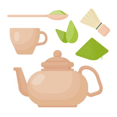 Matcha çay vektör düz Icon set, düz tasarımı çay töreni, gevşeme, Japon superfood ve beyaz arka plan üzerinde sevimli vektör illüstrasyon izole sağlık nesne