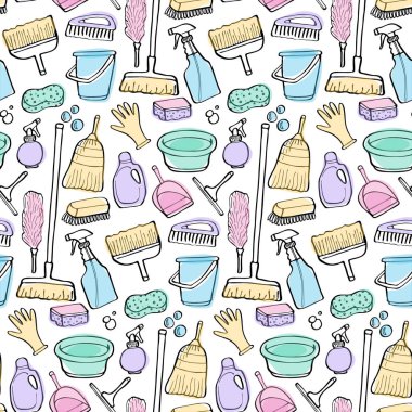 Temizlik araçları seamless modeli, doodle vektör kümesi. Malzeme temizlik ev çizilmiş karikatür koleksiyonu. Çizim doodle. Vektör çizim