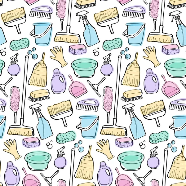 Temizlik araçları seamless modeli, doodle vektör kümesi. Malzeme temizlik ev çizilmiş karikatür koleksiyonu. Çizim doodle. Vektör çizim