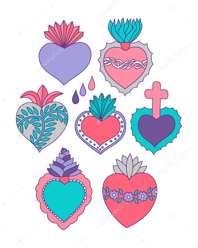 Sacred heart vector set. Doodle illustration of hand drawn saint flaming hearts with plants, flowers, cross and blood drops