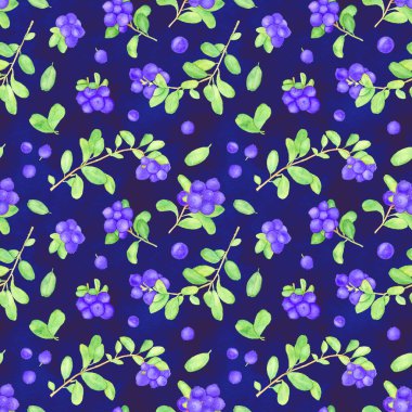 Billberry sulu boya Dikişsiz desen, çilek ve sevgilim menekşe arka plan üzerinde izole yaprakları ile İsveç kirazı sulu boya duvar kağıdı