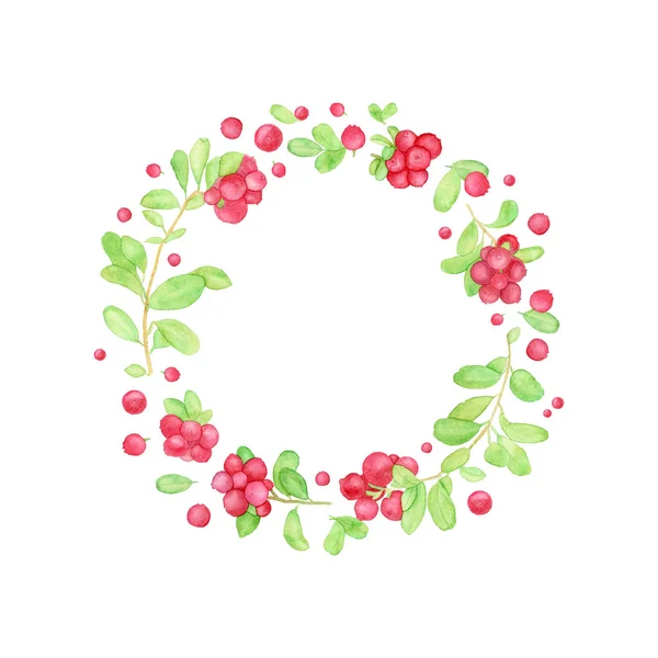 Berry Wreath Cowberry Cranberry Lingonberry Watercolor Decorative Frame Berries Leaves — Stock Photo, Image