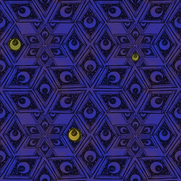 リノリウム日食タイル シームレス パターン Gqometry と三日月に孤立した水彩背景壁紙 — ストック写真