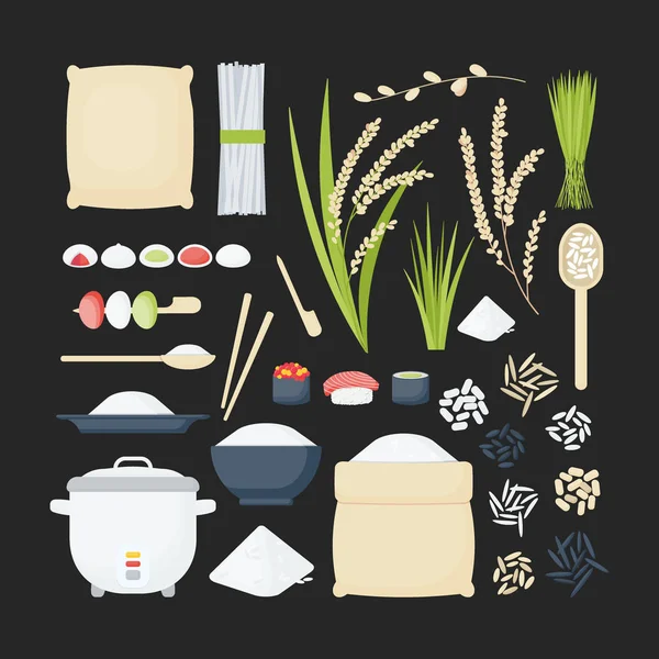 Rýže Vektorové Ploché Sada Ikon Velkou Sbírku Plochý Design Potravin — Stockový vektor