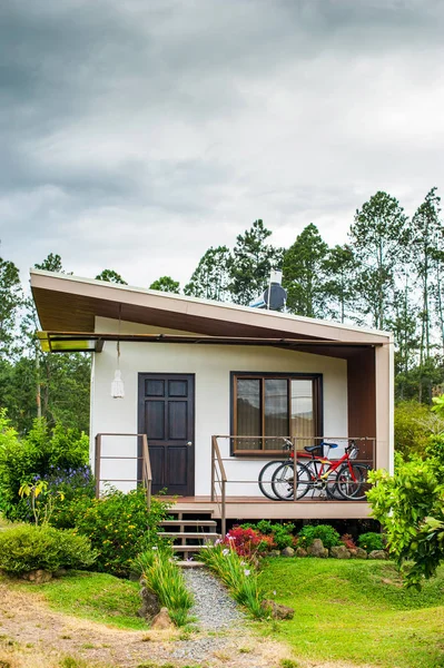 Contemporary single family house. Retreat rental. Perfect getaway. Rustic house in the forest with pines. Small architecture. Minimalistic house with two bycicles and flowers in the garden