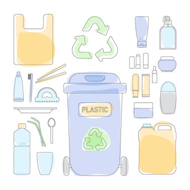 İnce çizgi Icon set - plastik geri dönüşüm, büyük kümesi dolu anahat tasarım çevre kaydetmek ve sıralama nesneleri beyaz arka plan üzerinde vektör illüstrasyon izole atık