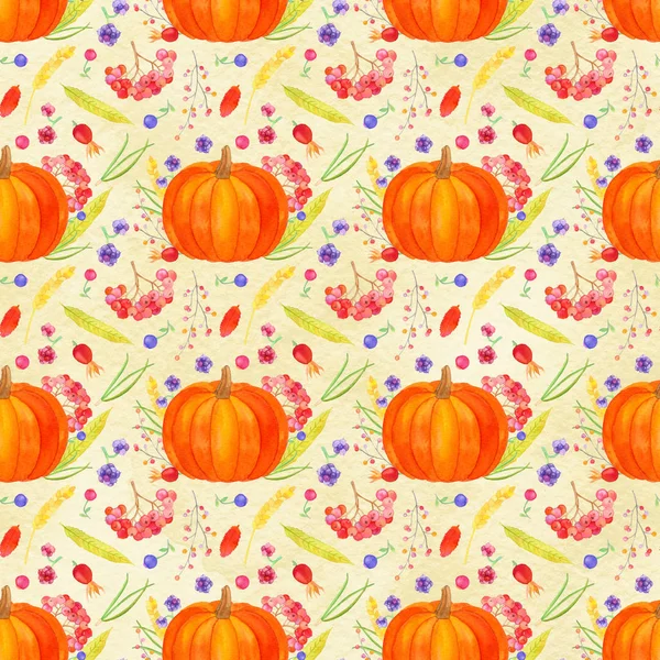 Pumpkin Thanksgiving watercolor seamless pattern, fall harvest watercolor wallpaper with pumpkins, berries, flowers and leaves on the watercolor wash background