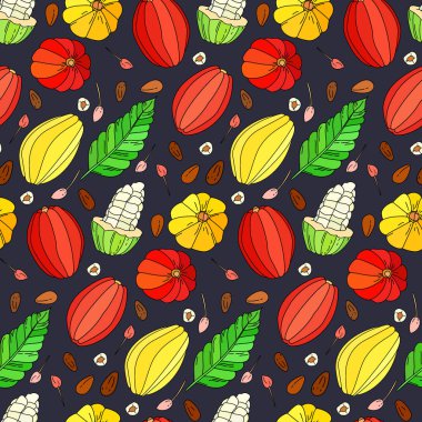 Kakao meyve vektör doodle seamless modeli, elle çizilmiş tropikal kakao meyve, yaprak, tohum ve siyah arka plan üzerine çiçek doodle illüstrasyon