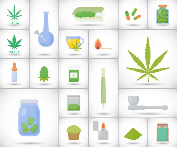 Marihuana Cannabis Vector Platte Pictogrammenset Grote Verzameling Van Platte Ontwerp — Stockvector