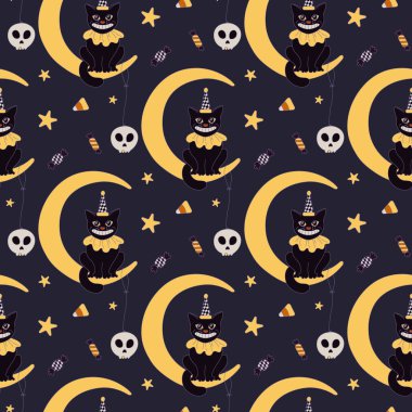 Vintage Halloween vektör seamless modeli, sonbahar kutlama el kedi, hilal, kafatası ve şekerler, yüzey tasarımı ile çizilmiş arka plan