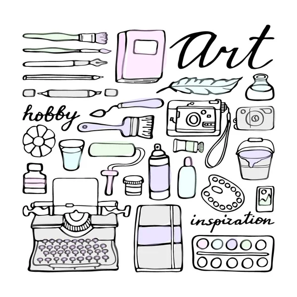 Art Supplies Doodle Vector Set Hand Drawn Cartoon Collection Art — Stock Vector