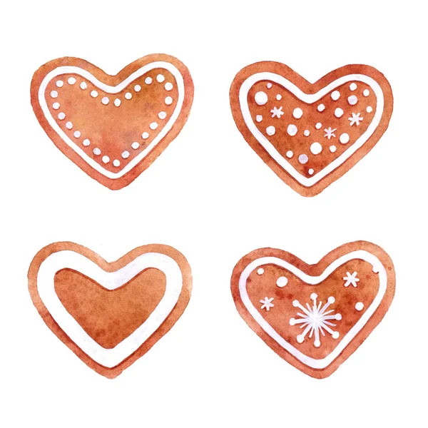 Watercolor Set Gingerbread Heart Cookies Hand Drawn Illustration Gingerbread Cookies — Stock Photo, Image