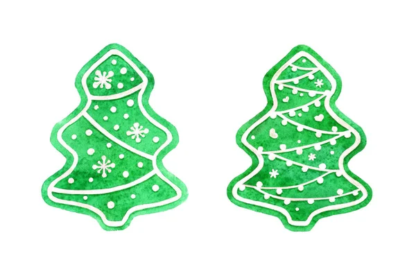 Conjunto Aquarela Árvores Natal Verdes Ilustração Desenhada Mão Biscoitos Gengibre — Fotografia de Stock