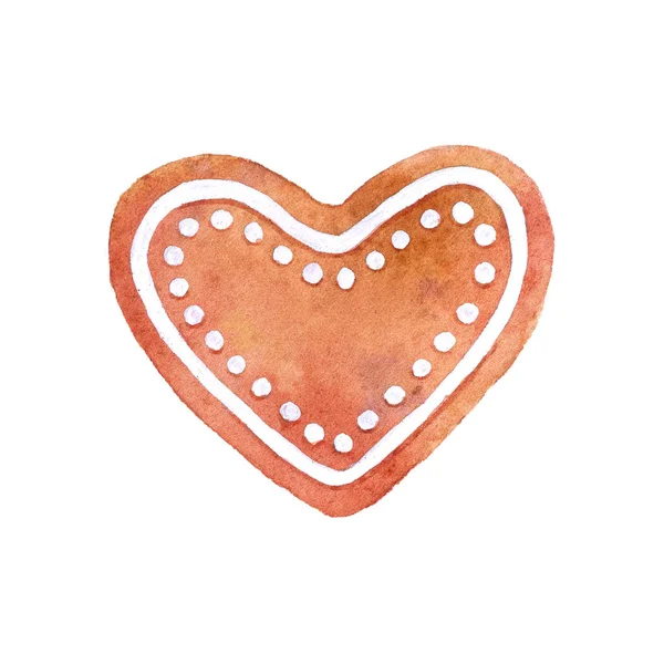 Watercolor Gingerbread Heart Cookie Hand Drawn Illustration New Year Christmas — Stock Photo, Image