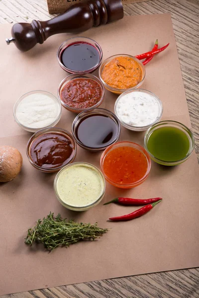 Différents Types Sauces Fond Ensemble Sauces Ketchup Mayonnaise Moutarde Sauce — Photo