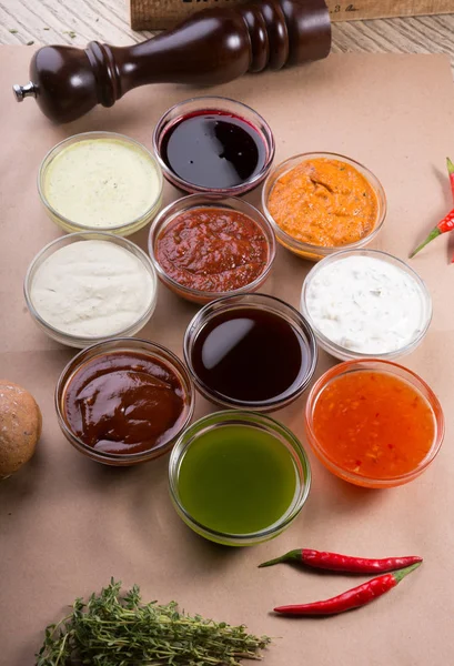 Différents Types Sauces Fond Ensemble Sauces Ketchup Mayonnaise Moutarde Sauce — Photo