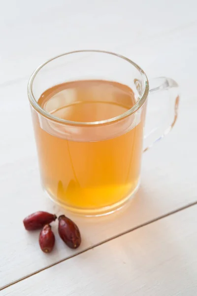 Glass Mug Yellow Herbal Tea Wooden Table — Stock Photo, Image