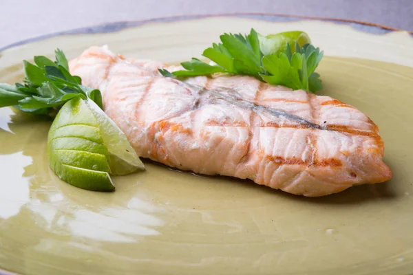Steamed Salmon Steak Served Lime Rustic Plate — Stock Photo, Image