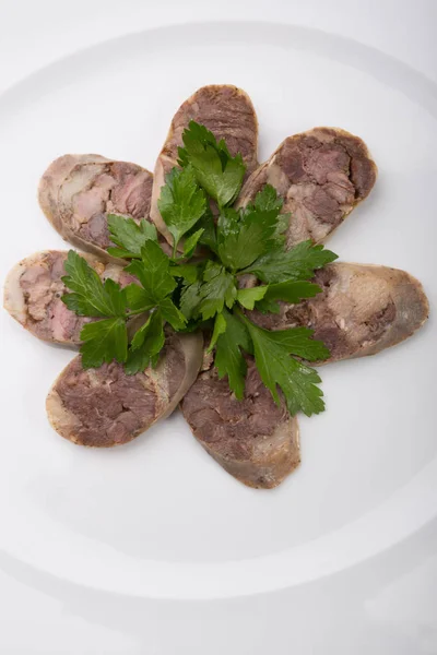 Viande Cheval Fumée Tranchée Servie Dans Une Assiette — Photo