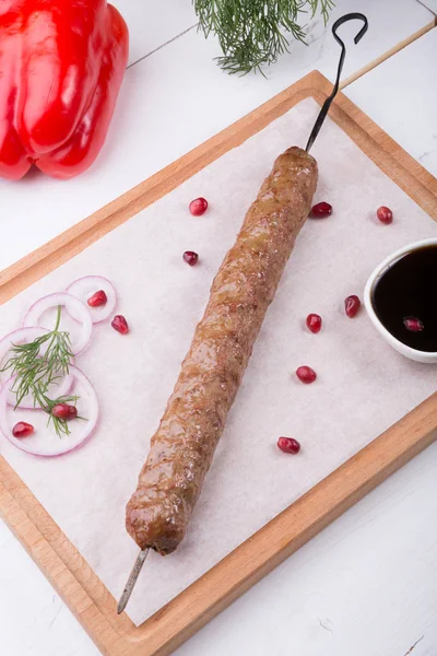 Kebab Meat Grilled Skewer Served Pomegranate Sauce — Stock Photo, Image