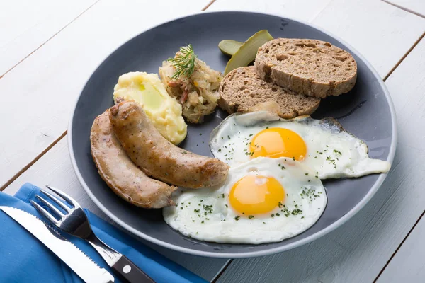 German Breakfast Made Fried Eggs Sausages — Stock Photo, Image