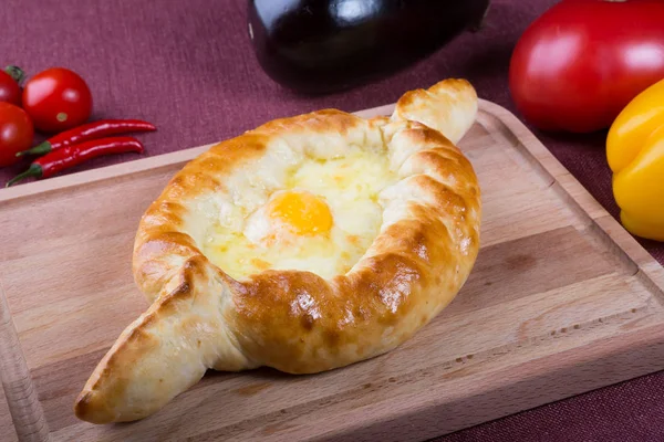 Flatbread Baked Egg Yolk Cheese Served Wooden Board — Stock Photo, Image