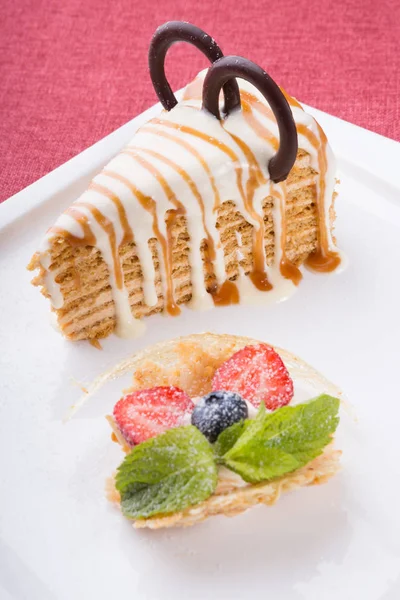 Piece of honey cake served with mint leave