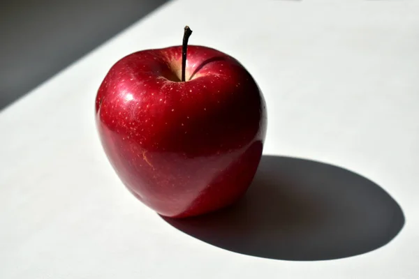 Roter Apfel auf weißem Hintergrund und sein Schatten von der Sonne — Stockfoto