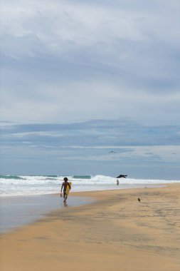 Sahilde sörfçü, güneşli bir gün ve bulutlu bir gökyüzü, Arugam Körfezi, Sri Lanka