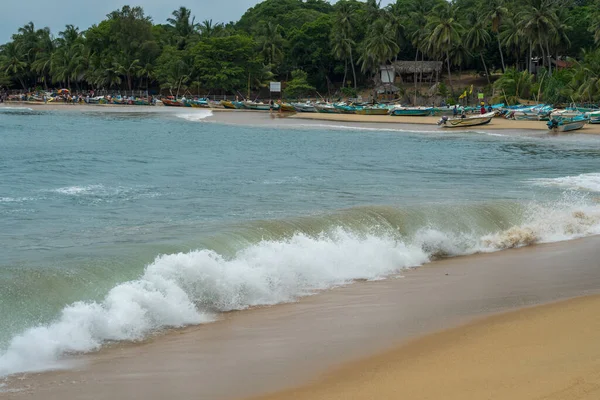 Vlny Pláži Rybářskými Čluny Palmami Arugam Bay Srí Lanka Slunečný — Stock fotografie