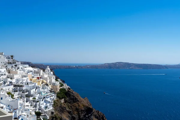 Panorámás Kilátás Nyílik Thira Város Santorini Sziget Régi Fehérre Meszelt — Stock Fotó