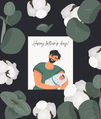 Babalar günün kutlu olsun! Okaliptüs ve pamuklu siyah bir arka planda baba, baba ve yeni doğmuş oğlu için erkek tebrik kartı. Babalar günü için güzel bir düz kart..