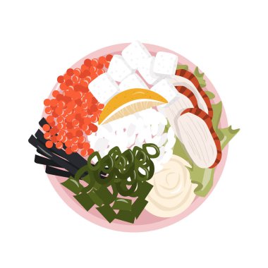 Sağlıklı yiyecekler. Pilav, füme yılan balığı, havyar, nori, tofu, limon ve krem peynirden yapılmış sağlıklı ve tatmin edici bir yemek kasesi. Çizgi film tarzında poke kasesinin hoş vektör düz çizimi.