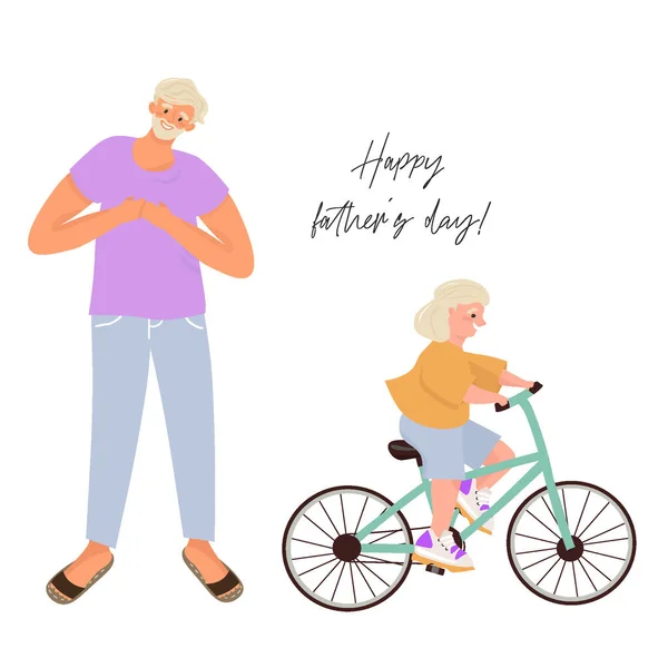 幸せな父の日 近代的な父と娘 自転車の乗り方を娘に教えてくれた幸せな父親 素敵なベクトルフラットイラストのための父の日で漫画スタイル — ストックベクタ