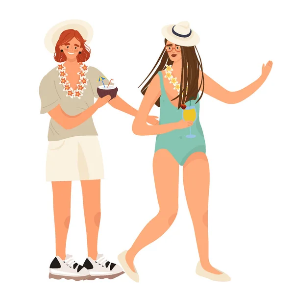 Fröhliche Menschen Urlaub Freundinnen Trendiger Sommerkleidung Kommunizieren Und Halten Tropische — Stockvektor