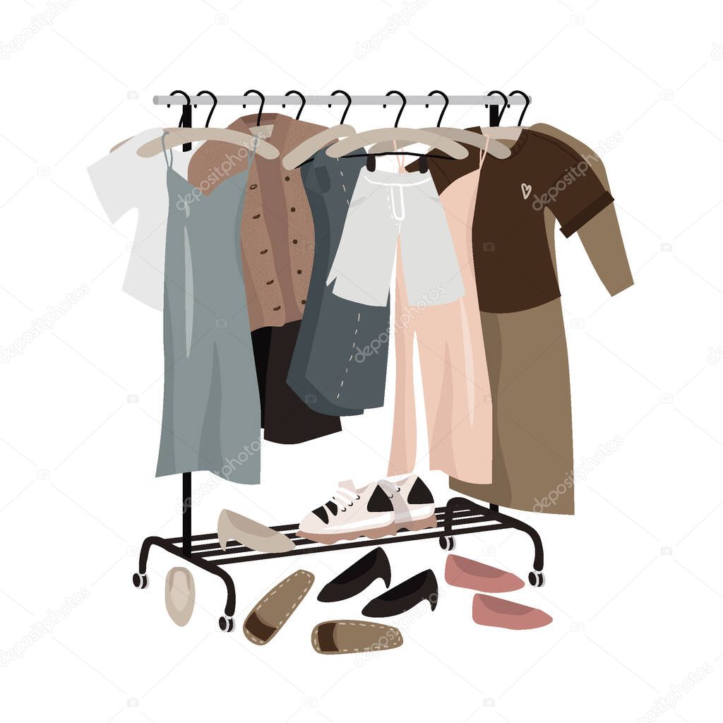 Rail with everyday fashionable things: clothes and shoes. Minimalistic capsule wardrobe in muted shades. Spring-summer clothing collection. Tender vector flat illustration.