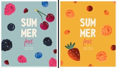 Taze böğürtlenli bir dizi düz vektör yaz posteri. Çizgi film tarzında bir yaz festivali posteri. Farklı bölgelerden kiraz, çilek ve diğer meyvelerle şirin vektör düz şablonu.  