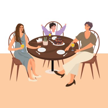 Karantinadan sonra restoran açmak. Anne, oğul ve büyükanne kokteyl içip bir kafede pasta yiyorlar. Beyaz zemin üzerinde çizgi film tarzında güzel bir vektör düz çizimi ve kafede neşeli bir aile..