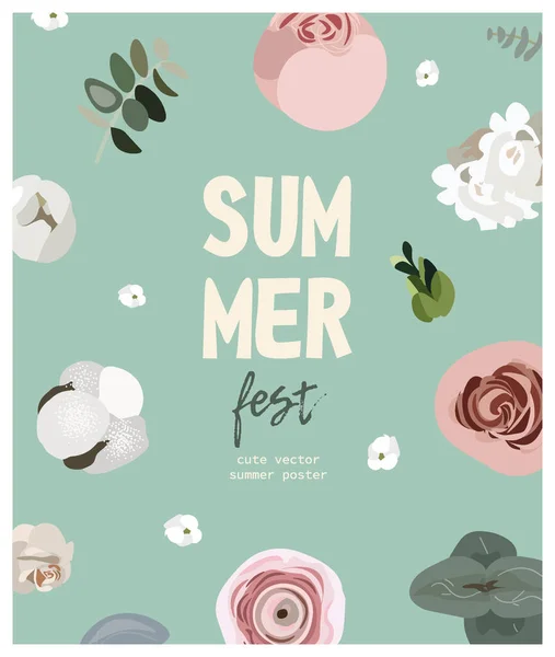 繊細な花と素敵なベクトル夏のポスター 夏祭りのポスター ユーカリ ランヌクリと漫画のスタイルで緑とかわいいベクトルフラットテンプレート — ストックベクタ
