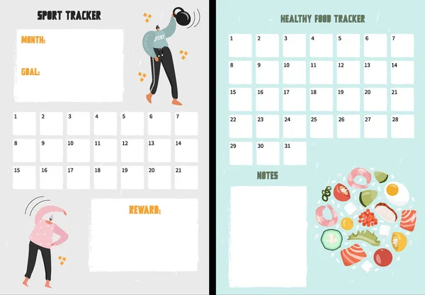 Cute Vector Sport Healthy Food Trackers Place Notes Tracker Training — Stock Vector